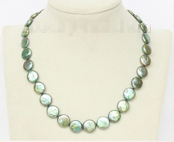 

ED65 O02 shipping luster 17" 12mm coin fastener green pearls necklace filled gold clasp j9500