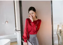 Fashion Elegant Pearls Split Shirts Lantern Sleeve Satin Blouse Women Office Lady Shirt Hollow Out Blusas Tops