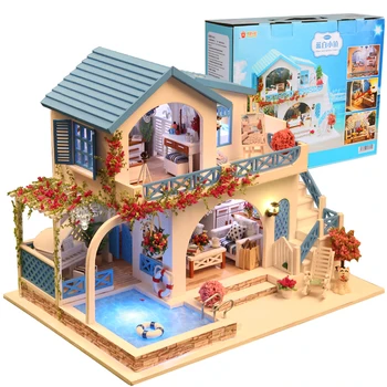 

Blue And White Town Doll House Furniture Diy Miniature 3D Wooden Miniaturas Dollhouse Casa Toys for Children Birthday Gifts