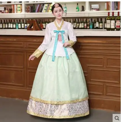Женский традиционный ханбок корейское платье розовые женские хлопок ханбок корейский национальный костюм для выступления aisa одежда - Цвет: Зеленый