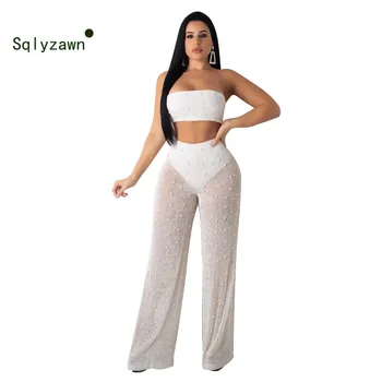 

Women Perspective Matching Set Two Piece Wide Leg Pants Set Sexy Outfit Summer Knitted 2 Piece Set Strapless Tube Top Pants Suit