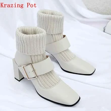 Krazing Pot/растягивающиеся сапоги из натуральной кожи с квадратным носком на высоком каблуке в европейском стиле; простые женские сапоги до середины икры с металлической пряжкой; L68