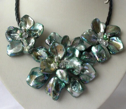 

classic baroque freshwater cultured pearl shell flower leather necklace 5s7d AAA style Fine Noble real Natural free shipping