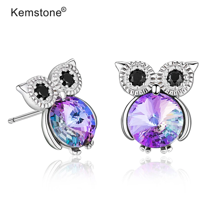 Kemstone милый 925 пробы Серебряная отделка задней поверхности Сова австрийский кристалл серьги гвоздики ювелирные изделия подарок для девочек
