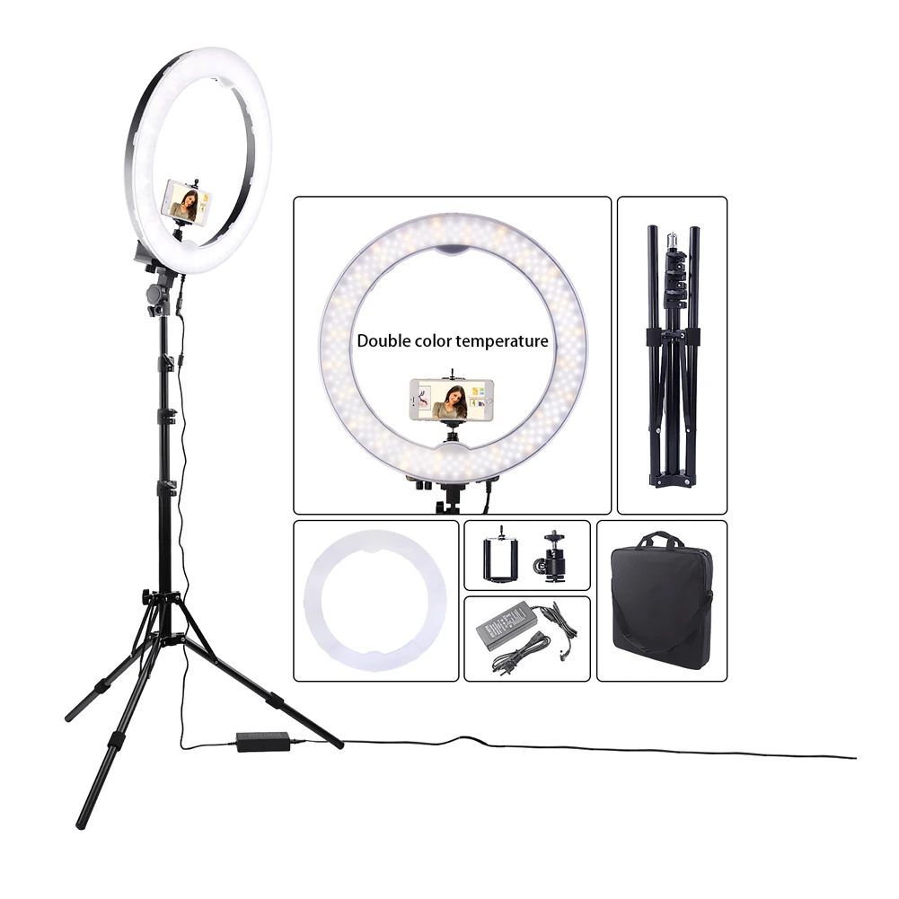 

New Hot Bi-color 18 Inch 240 Leds Ring Light Set Photo Studio Video Photography Lighting With Phone Holder Lamp Stand @JH