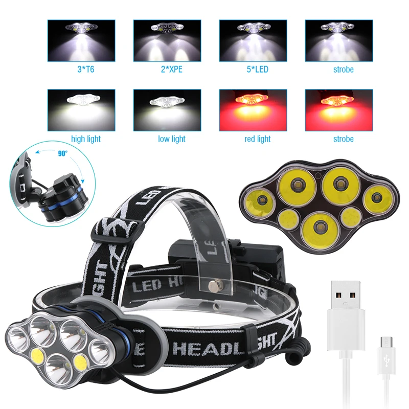 Boruit 3*T6+2*XPE+2*COB 7 LED MICRO USB Headlamp Headlight Head Torch
