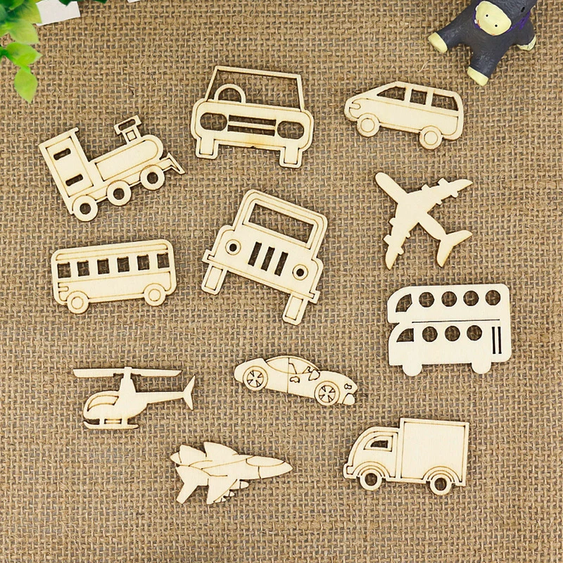 

Mixed Aircraft /Bus /Taxi/ Train Shape Wood Chips Vehicle Creative Wooden Scrapbooking Craft DIY Accessories 30pcs/bag