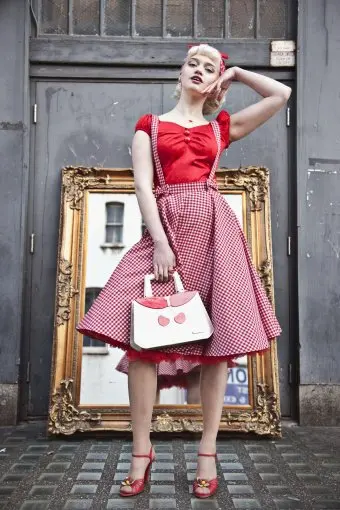 

40- women vintage 50s gingham bow detail circle swing suspender skirt in red plus size brace skirts rockabilly pinup saia faldas