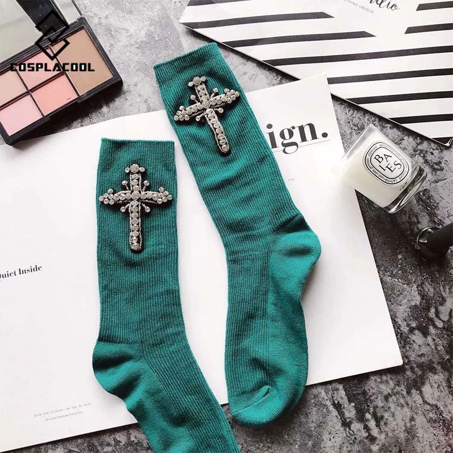 [COSPLACOOL] Новое поступление, модные женские/студенческие зимние носки ручной работы, украшенные камнями и крестом, забавные носки для девочек