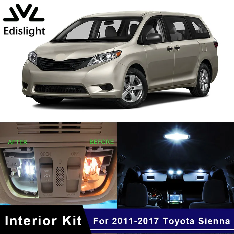 

Edislight 13Pcs White Ice Blue LED Lamp Car Bulbs Interior Package Kit For 2011-2017 Toyota Sienna Map Dome Trunk Door Light