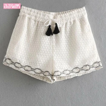 

2019 summer new women's breathable retro crochet tie women's shorts Ethnic wind elastic waist sexy shorts