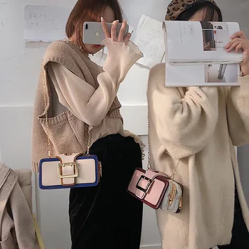 

Stitching Hit Color Small Square Bag Female New Fashion Belt Buckle Shoulder Bag Casual Wild Messenger Bag Young Lady Phone Bag
