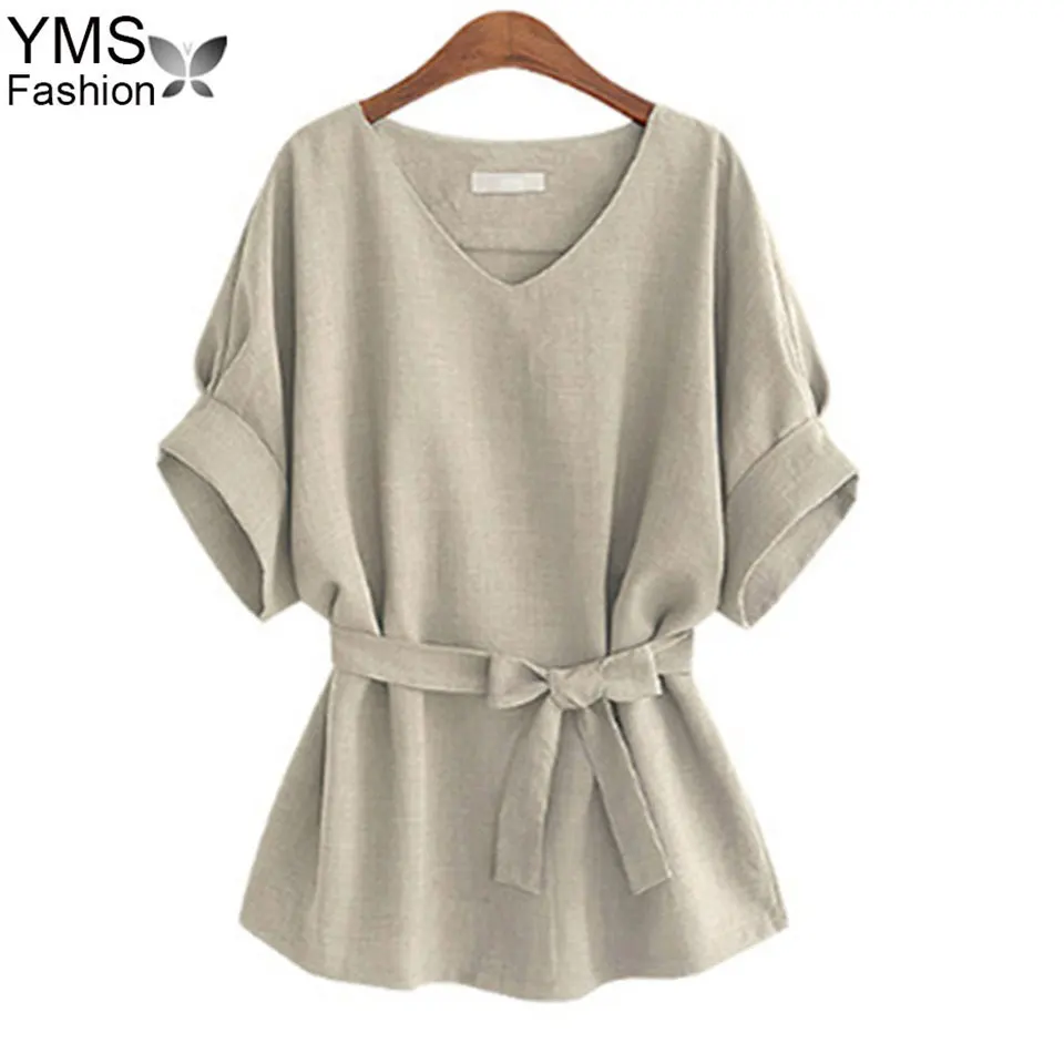 

Summer Women Cotton Linen Shirt Blouse 2019 Casual Batwing V-Neck Bow Loose Shirts Plus Size 5XL Women Clothing Female Tops