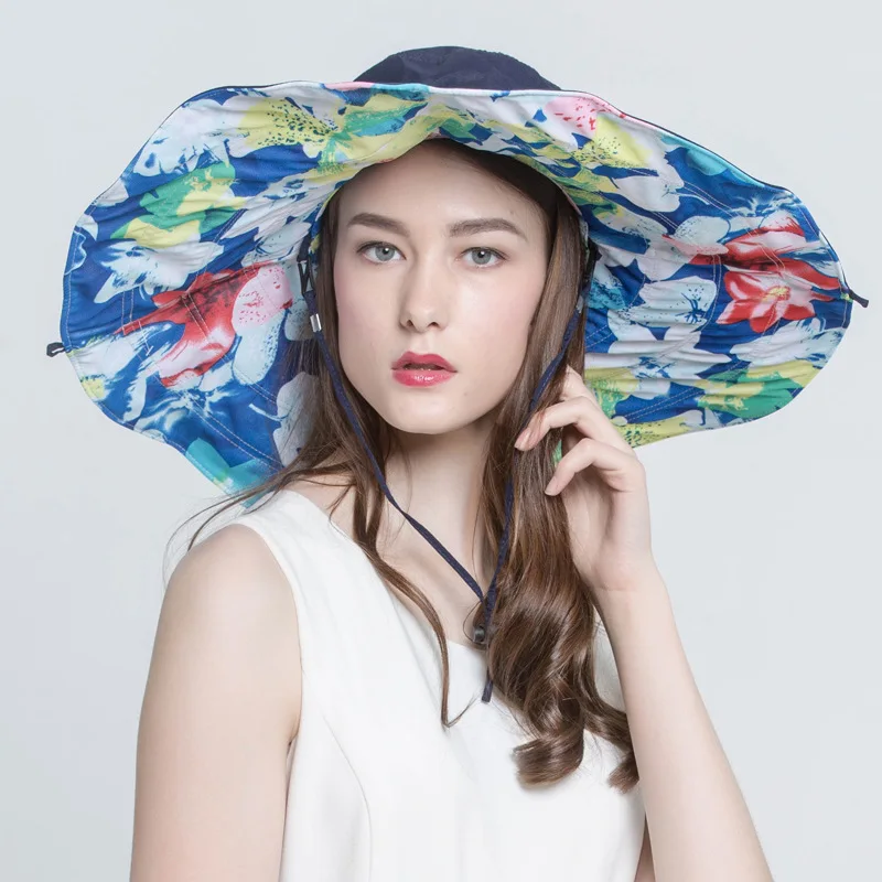 

Korean version sunshade hat for ladies in summer foldable large-brimmed flowery hat sunhat double-sided Beach Hat