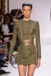 Высокое качество модное зеленое с длинным рукавом Тканое вискозное Бандажное платье знаменитости Вечеринка облегающее платье