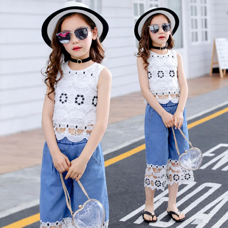 

2019 summer children's clothes girls sets sleeveless cowboy stitch lace girl sets for kids big girls vest+shorts suits 2 pieces