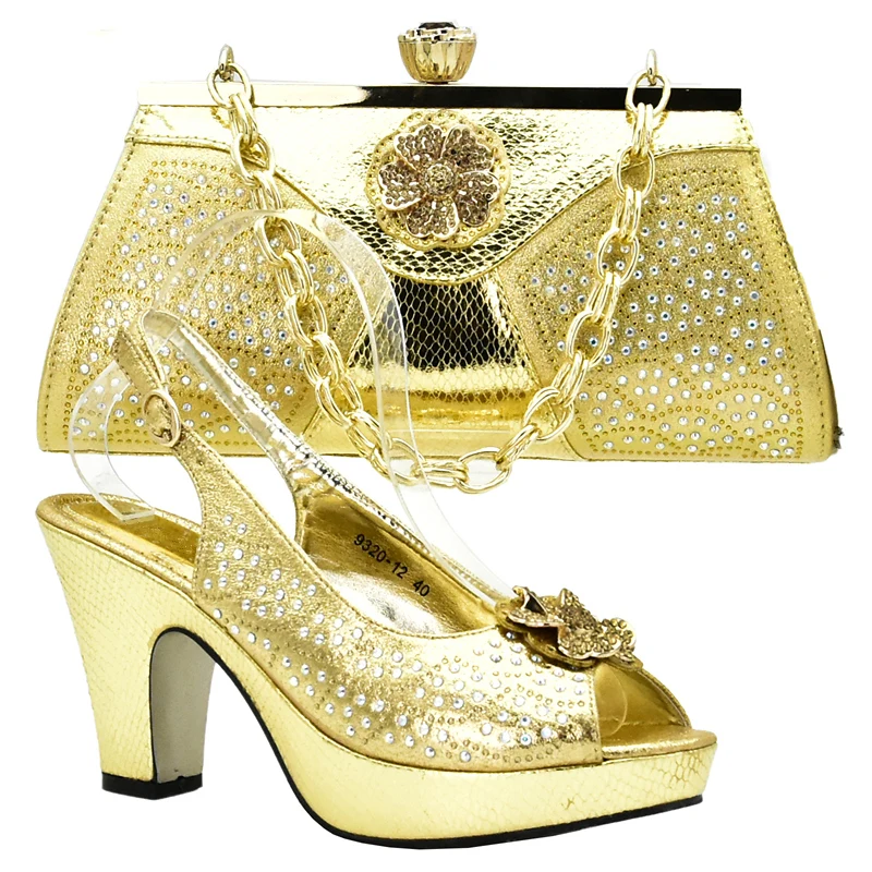 Latest Gold Color Matching Shoes and Bag Set In Heels Women Shoes and Bag Set In Italy Niegrian