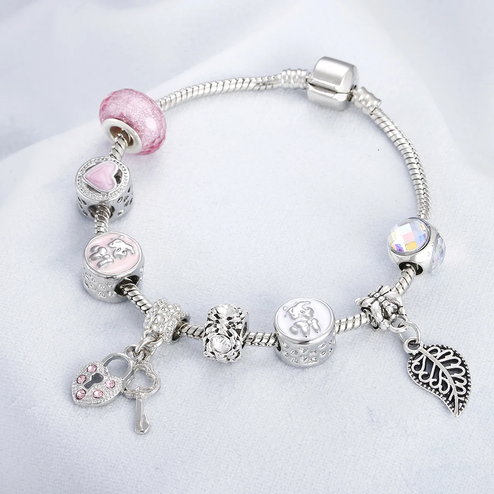 

Fashion Pink Crystal Beads Charm Female Silver Bracelets Alloy Snake Chain Personality Jewelry Gift Wedding Banquet Wholesale