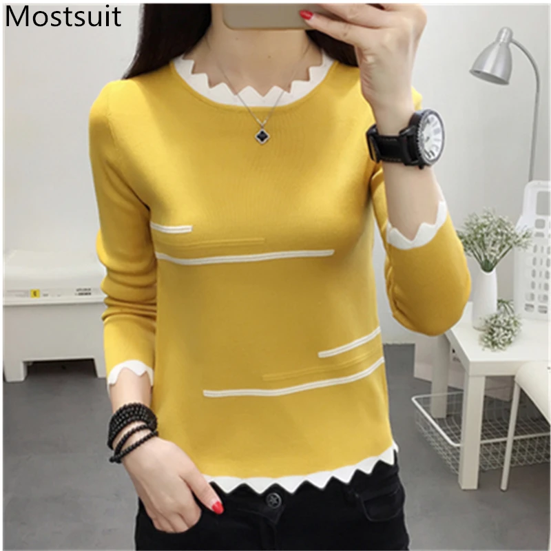 Kopen 2018 Herfst Gebreide Trui Truien Vrouwen Lange Mouwen Slim Solid Elastische Stretchy Tops Koreaanse Casual Kantoor Jumper Truien