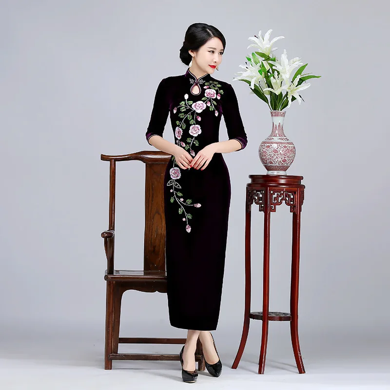 Новинка 2017 года бархат Cheongsam качество Формальные Китайский Платья для женщин Qipao Свадебные вечерние платья для Для женщин цветок платье с