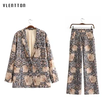 Винтажный цветочный принт, женские брючные костюмы, на одной пуговице, офисный Женский блейзер, пальто и широкие брюки, Женский комплект из двух предметов