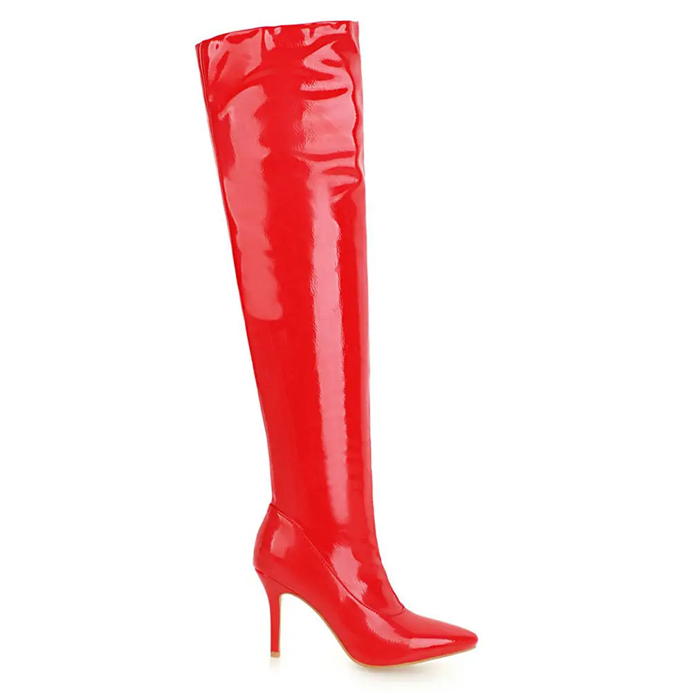 Lasyarrow Для женщин на шпильке, до бедра, ботинки Привлекательные женские ботинки красные, черные Лакированная кожа Ботфорты на молнии; длинные сапоги; Mujer