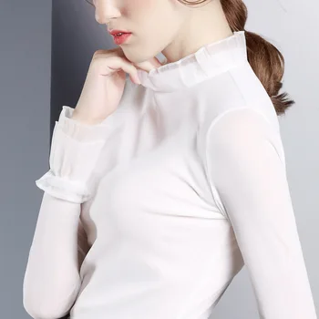 

ACRMRAC Women t-shirt Spring and autumn t-shirt Long sleeve Lotus leaf collar Mesh Slim Sexy Tops Tees T-shirt Women