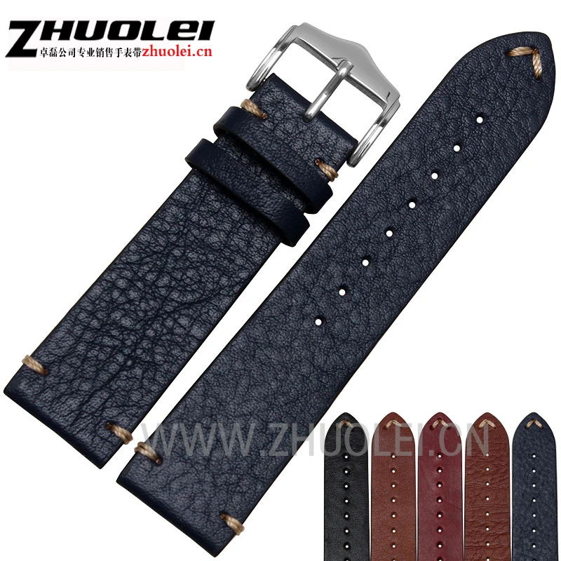 

18mm 20mm 22mm genuine leather bracelet watchband with stainless steel clasp handmade watch strap accessories 19 kinds colors