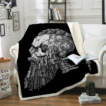 

3D Skull Blanket Microfiber Sherpa Sofa Throw Blanket Gun bullet skull Printed black Gothic Bedding mantas para cama