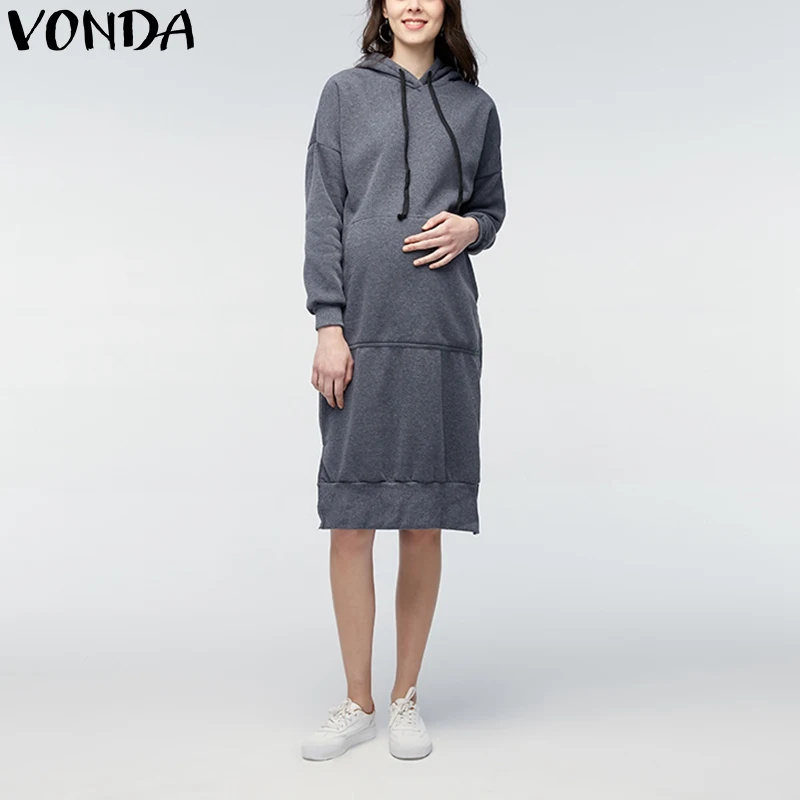 

VONDA Women 2019 Spring Autumn Casual Loose Long Sweatshirt Long Sleeve Fleece Split Hem Hooded Dress Vestidos Oversized S-5XL