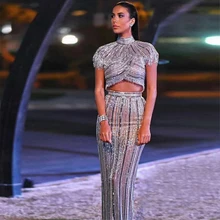 Модное серебряное блестящее вечернее платье в стиле знаменитостей, женские платья хорошего качества, комплект из 2 предметов, облегающий костюм