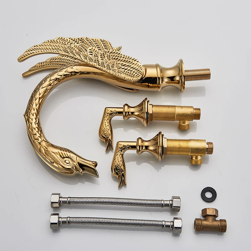 quyanre wanfan gold 3pcs swan basin faucet dual handles mixer tap hot cold water mixer tap bathroom basin sink faucet