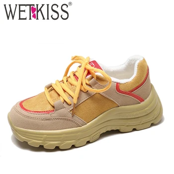 

wetkiss Dorky Dad Shoes 2019 Casual Flats Woman Lace Up Round Toe Footwear Platform Female Clunky Sneakers Shoes Girl New