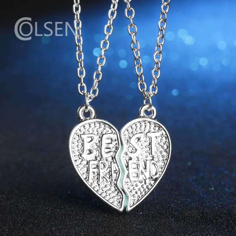 COLSEN new Female Fashion Friendship Broken Heart Parts Necklace 2Pcs/lot 2 Best Friend silver color Pendants Jewelry For Women | Украшения