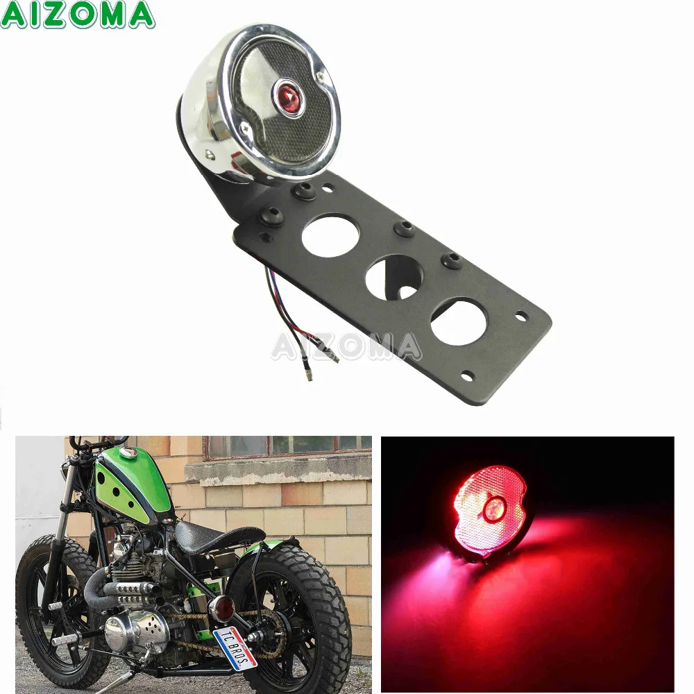 Chrome Motorcycle Side Mount LED Taillight License Plate Lamp w/Number