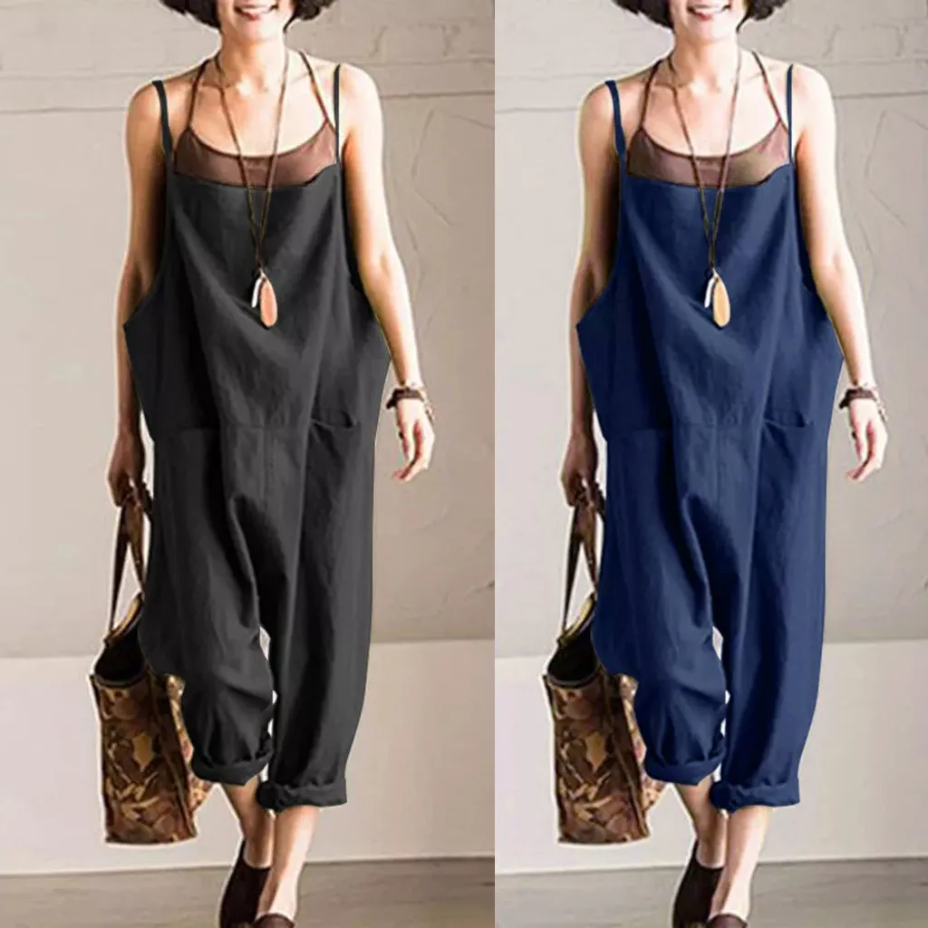 

women's suit jumpsuit Overalls for women bodysuit Women Summer Solid Strap Pockets Cotton Loose Long Wide Leg Overalls Jumpsuits