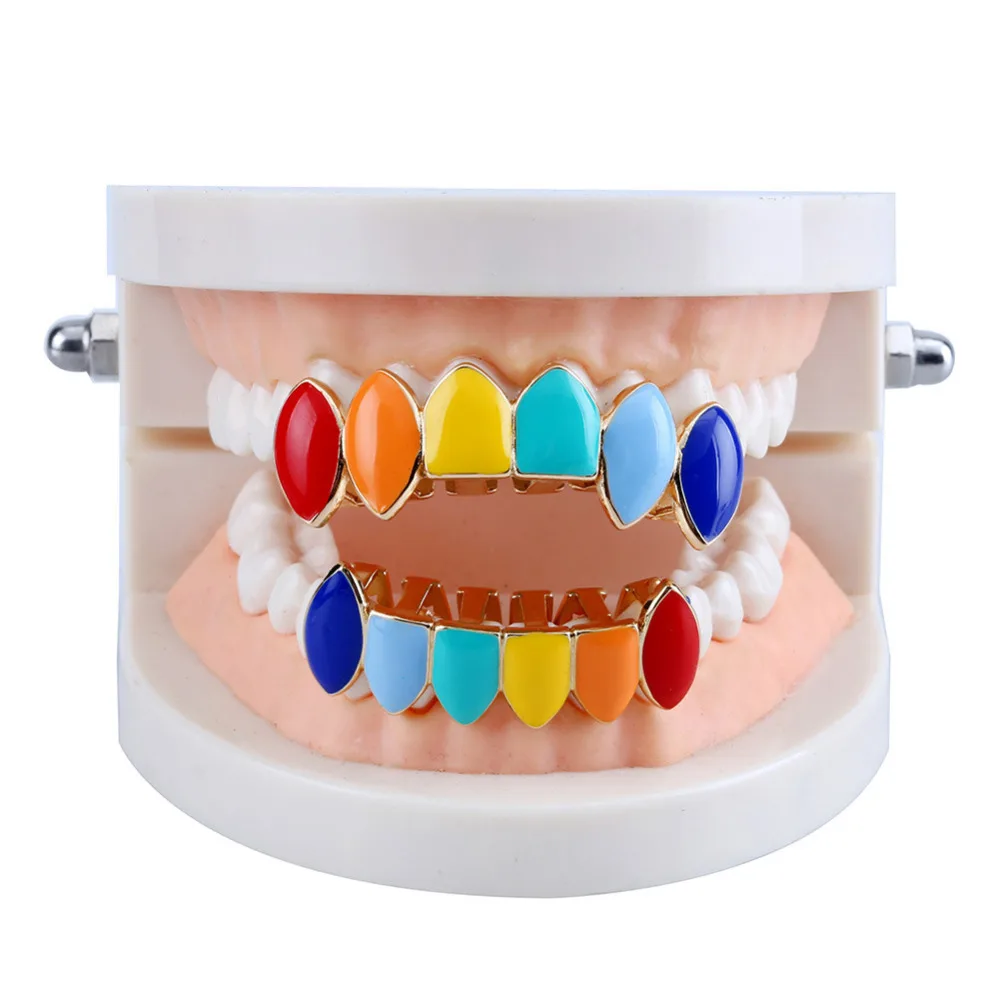 

Rainbow 6 Teeth Grillz Top & Bottom fale Dental Grills Gold Silver Tooth Caps For women men Halloween Hip Hop body Jewerly