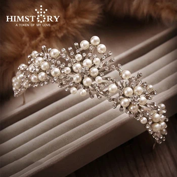 

HIMSTORY New Fashion Handmade Pearl Beads Crystal Flower Rhinestone Hair Tiaras And Crowns For Wedding Hair Accessories