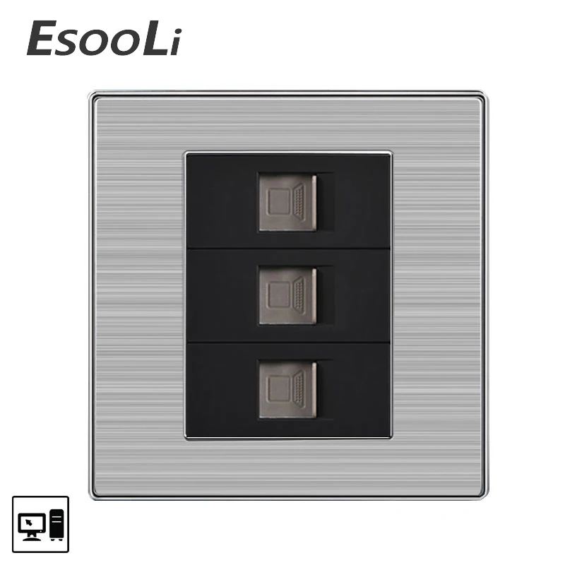 

EsooLi Wall Triple 3 Internet Socket Power Computer Outlet Enchufe Stainless Steel Brushed Silver Panel RJ45 Plug Soquete