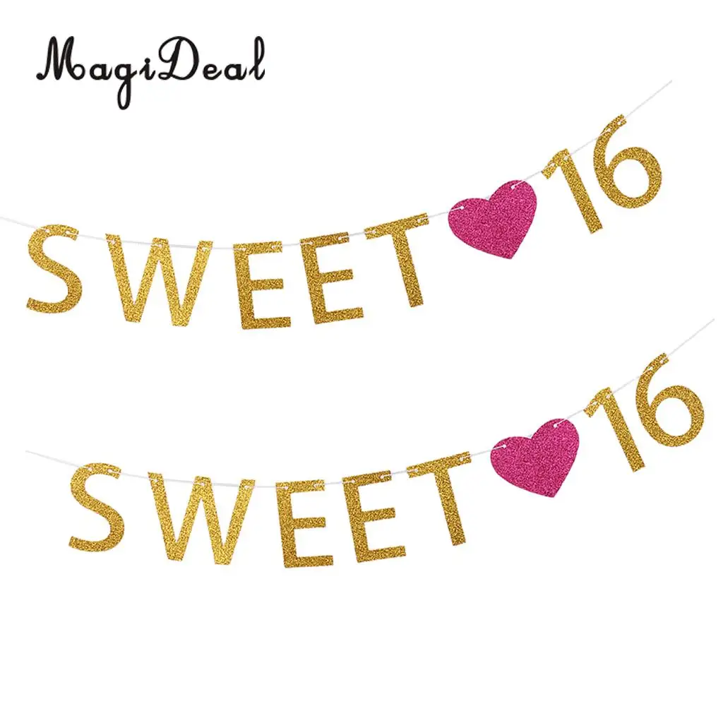 Pack of 2pcs Glitter Sweet 16 Heart Happy 16th Birthday Party Banner Bunting Girls Celebration Room Decoration Photo Props