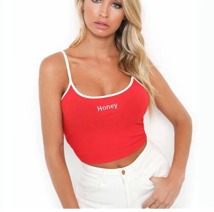 

Sexy Women Crop Top Honey Letter Embroidery Tank Tops Cropped Ladies Spaghetti Strap Elastic Shirt 2019 Summer Vest Camisole