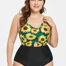 Плюс Размер Подсолнух печати вырезанный Купальник Мягкий женский купальник Подсолнух печати высокий вырез купальный костюм