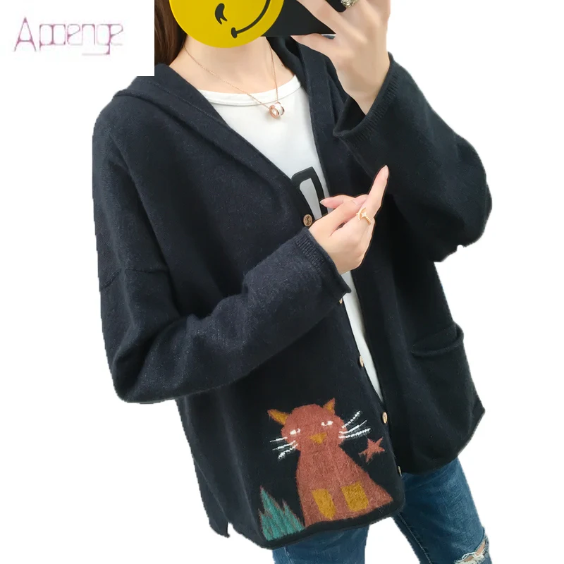2019 Women New Autumn Hooded Sweater Loose Casual Cat Print and Cardigans Long Sleeve V-neck Knitted Coat YP125 | Женская одежда