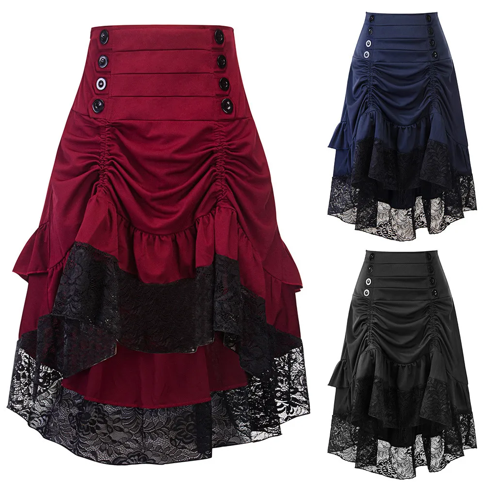 Women Skirt Summer Solid Skirt Summer Retro Stitching Lace Bag Hip Button Skirt Loose Long Skirts W710