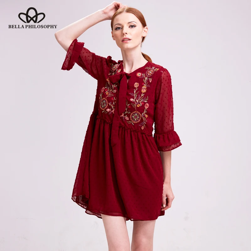 

Bella Philosophy 2019 Autumn Winter Mini Dress Women Embroidery Bow Flowers Print Lace Dress Female Sexy Half Sleeve Women