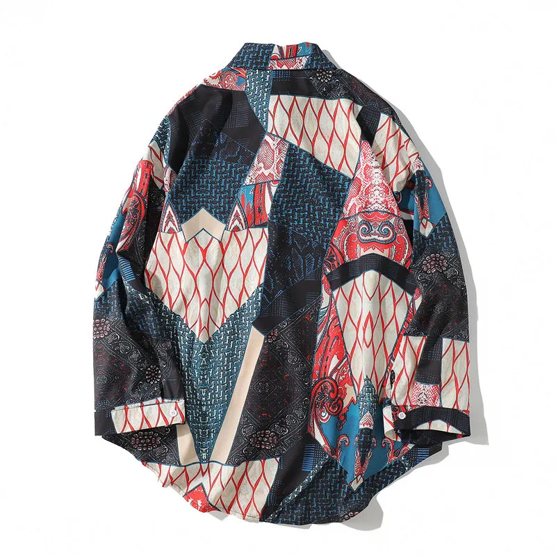 Японские рубашки Ukiyo E с геометрическим рисунком, Лоскутные, с длинным рукавом, новинка, хип-хоп стиль, Повседневная Уличная одежда, рубашки для мужчин и женщин, модные топы