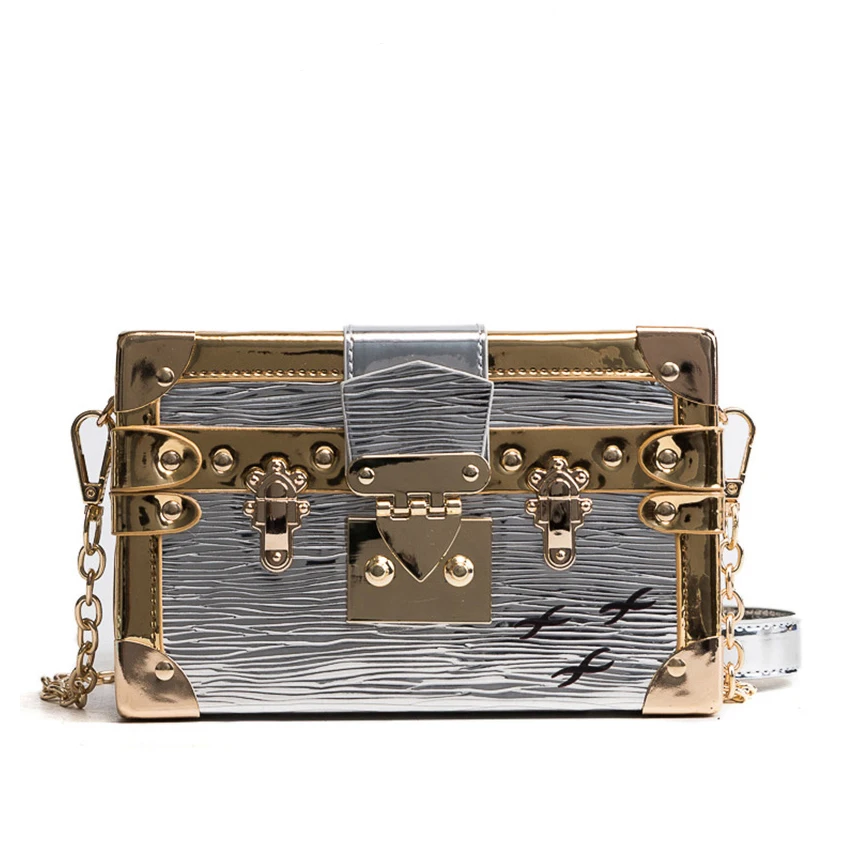 

New Vintage Good Quality Fashion Style Box Shape PU Leather Retro Rivet Ladies Handbag Shoulder Gold Bag Women's Messenger SAC