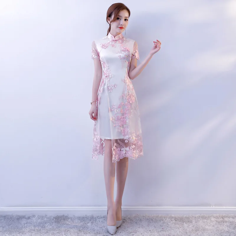 Chino tradicional de encaje bordado cheongsam vestidos de manga corta qipao corto grande para la boda prom party cocktail - 6