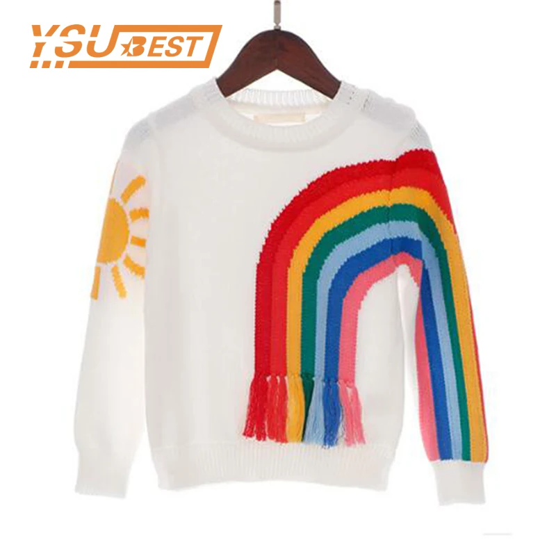 2019 Детский свитер, Осенний вязаный пуловер для маленьких девочек, хлопковый свитер с кисточками и радужным солнцем, верхняя одежда для