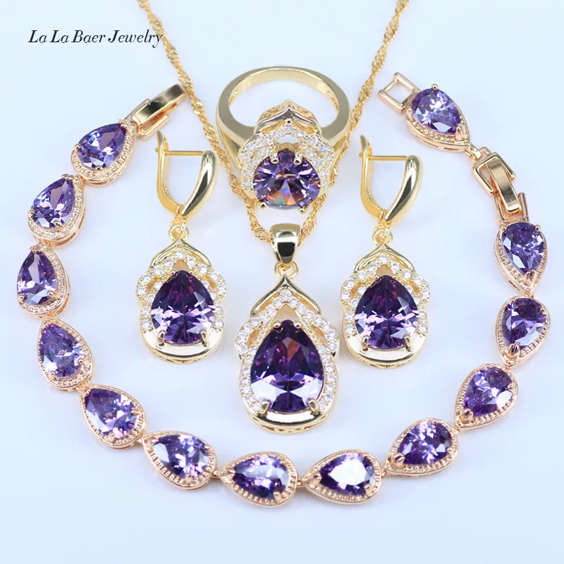 L& B прекрасный Фиолетовый созданный циркон белый CZ золотой цвет Ювелирные наборы для женщин Висячие серьги цепочки и ожерелья браслеты кулон кольца